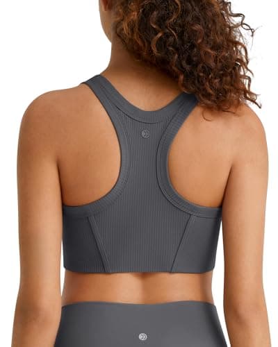 G4Free Padded Sports Bra Women with Built in Bras Crew Neck Racerback Princess Seams Workout Gym Yoga Fitness Crop Length(Dark Gray,XS) - Image 1