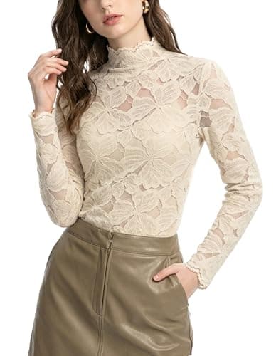 QiuDumo Womens Vintage Sheer Lace Top Mock Neck See Through Slim Fit Formal Classy Date Night Blouse Apricot M - Image 1