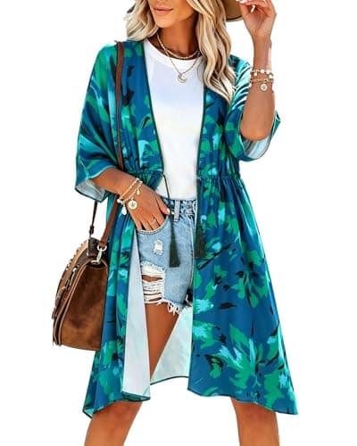 Womens Swimsuit Coverup Casual 3/4 Sleeve Cardigans Swimsuit Summer Beach Cover Ups with Tropical Prints - Image 1