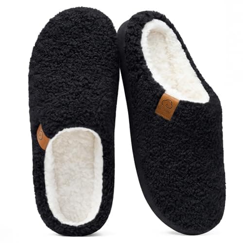 Evshine Memory Foam Fuzzy Slippers for Women Curly Fleece House Shoes Cozy Warm Indoor Slip on, Black 37 - Image 1