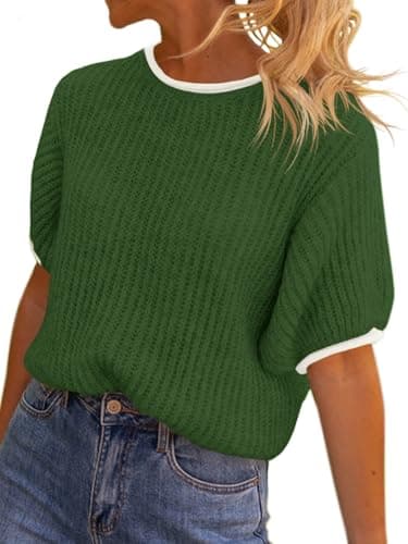 Saodimallsu Womens Puff Short Sleeve Sweater Tops Spring Summer Color Block Ribbed Knit Crew Neck Going Out Shirts Army Green - Image 1
