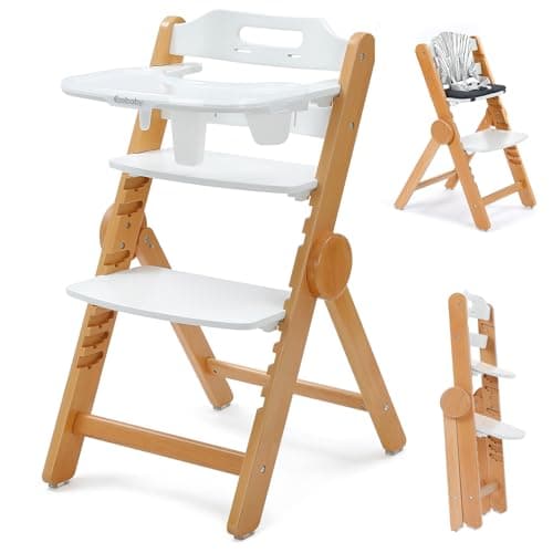 Ezebaby Foldable Wooden High Chair, No-Tools Adjustable Baby High Chair for Toddlers to Adult, Space-Saving Space Highchairs with Double Tray & Washable Cushion (Modern White) - Image 1
