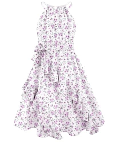 Dresses for Girls 10-12 Elegant Tween Summer Easter Dress Casual Juniors Halter Tie Back Tiered Ruffle Swing Semi Formal Party Sundresses Purple Floral - Image 1