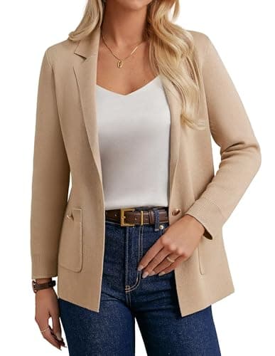GRACE KARIN Womens Blazers Teacher Must Haves for Work Professional Lapel Open Front Suit Jacket Knit Sweater Blazer Business Casual Khaki - Image 1