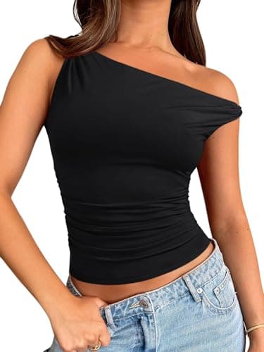 REORIA Women's 2026 Trendy Off The Shoulder Tops Asymmetrical Twist Double Lined Slim Fitted Cute Summer Going Out Tee Shirts Black Medium - Image 1