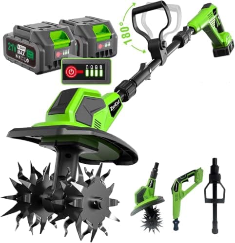 21V Cordless Garden Tiller with 8.0Ah Battery (2×4.0Ah + Charger) – 360RPM, 9" Tilling Width & 8.6" Depth, SK5 Steel Blades, 3 Adjustable Height Settings for Garden, Raised Beds & Lawn - Image 1