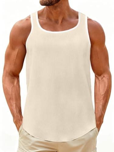 UNCLECAT Mens Sleeveless Tank Tops Workout Muscle Gym Knitted Shirt Athletic Bodybuilding Slim Fit Ribbed T Shirts Light Khaki - Image 1