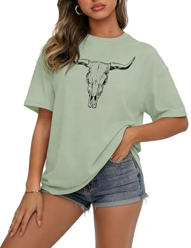 Women's Western Graphic Tee Boho Cow Skull Cowgirl Rodeo Vintage Bull Head Short Sleeve Shirt - Image 1