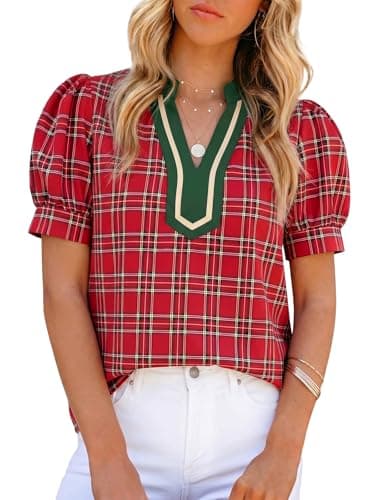 Tankaneo Womens Puff Sleeve Plaid Tops Summer Dressy Casual V Neck Blouses Loose Fit Color Block T Shirts Red - Image 1