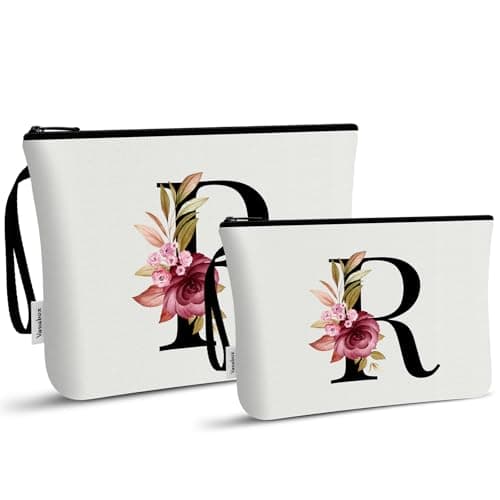Vavabox A-Z Personalized Makeup Bag, Birthday Gifts for Women Mom, Gifts for Best Friend, Bride Bridesmaid Cosmetic bag (R, 03-White Set) - Image 1