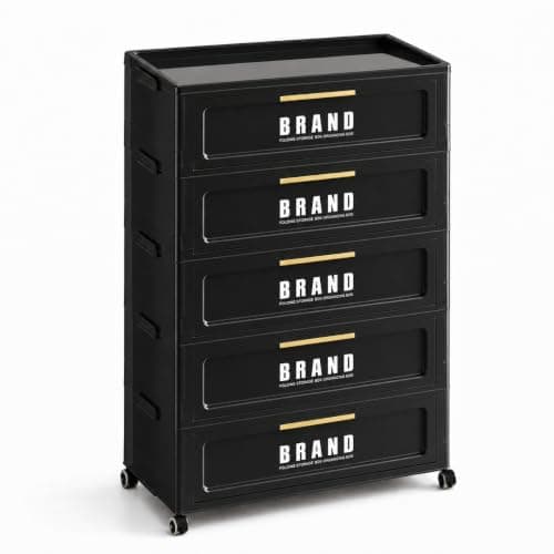 300QT 5-Tier Foldable Storage Cabinet with Magnetic Door & Wheels, Dorm Room Stackable Organizer, Space-Saving Unit for Apartment, Living Room, Pantry, Office (Black) - Image 1