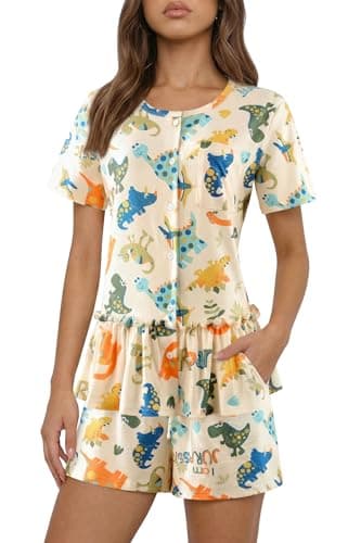LovinPet Women's Pajama Set, Button-Front Short Sleeve Peplum Top and Drawstring Shorts with Pockets, Soft Matching PJ Set, Orange, S - Image 1