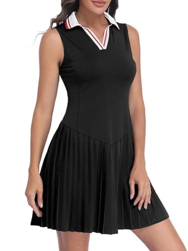FREEYE Women's 2 Piece Sleeveless Tennis Dress with Shorts V-Neck Pleated Athletic Outfits for Pickleball Golf Casual Wear Black S - Image 1