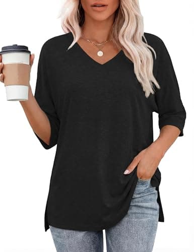 Totatuit Black Blouses for Women Dressy Casual Oversized Gym Tshirts Short Sleeve V Neck Plain Tops Black XL - Image 1