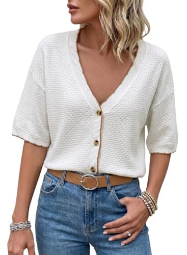 Dokotoo Button Down Shirts for Women Fashion 2026 V Neck Short Sleeve Cardigan Sweaters Waffle Knit Shacket White Basic Jacket Casual Boyfriend Tunic Tops Business Causal Outifits Large - Image 1