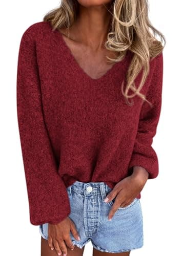 KIRUNDO Sweaters for Women Fall 2026 Oversized V Neck Cozy Cute Casual Long Sleeve Knit Pullover Trendy Winter Clothing(Red, Medium) - Image 1