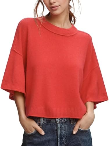 ZDC Women's Oversized Sweaters Summer Short Sleeve Casual Cropped Tops Lightweight Loose Fit Knit Pullover Bright Orange - Image 1
