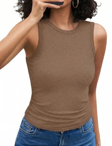 Quenteen Summer Shirts for Women Crew Neck Ribbed Slim Fitted Tank Tops Spring Sleeveless Shirts Hot Pink Khaki Small - Image 1
