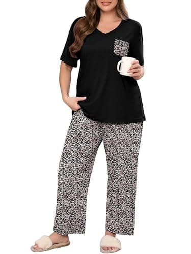 AusLook Plus Women Pajamas Set 2 Piece Lounge Sets Short Sleeve Top and Full Length Pant Chest Pocket Matching Maternity Christmas Print Fancy Peachy Leopard 5X Pjs Loungewear Sleepwear - Image 1