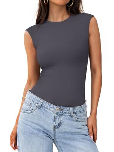 PINKMSTYLE Basic Sleeveless Bodysuit Slim Double Lined Y2K Trendy Summer Concert Bodysuit Tank Tops Dark Gray Small - Image 1