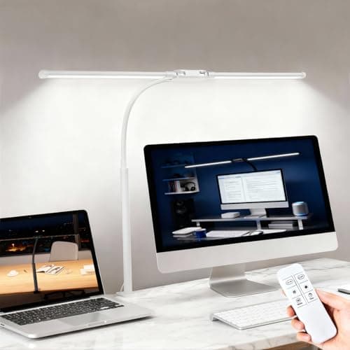 fuaoddda LED Desk Lamp with Clamp, Dual Head Desk Light for Home Office, Eye-Caring Monitor Desk Lamp with Remote, Flexible Gooseneck Architect Task Lamp, 10 Brightness Levels & 5 Color Modes White - Image 1