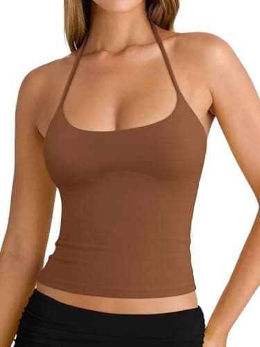 REORIA Women's Sexy Halter Open Back Double Lined Cami Shirt Going Out Y2k Casual Sleeveless Slim Fitted Crop Tops for Women Beach Vacation Sierra X-Large - Image 1