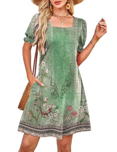 RUMIA Summer Dresses for Women 2025 Casual Cute Square Neck Puff Short Sleeve Dress with Pockets (Print-GreenWhite S) - Image 1
