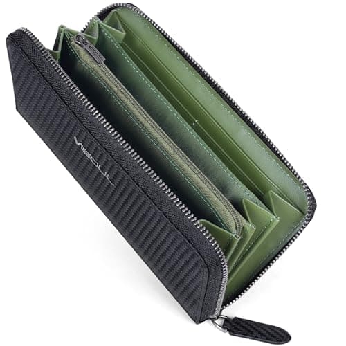 VISOUL Leather Long Zipper Pouch Wallet for Men and Women with RFID Blocking, Large Clutch Cash Long Wallet with Zipper (Carbon Fiber, Green) - Image 1