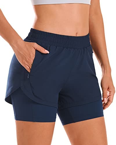 Stelle Women 2 in 1 Running Shorts High Waisted Athletic Shorts Gym Workout Shorts with Liner Zipper Pockets (Navy, S) - Image 1