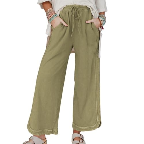 Ainangua Women's Palazzo Pants Acid Wash Capri Pants Drawstring Athletic Wide Leg Trousers Summer Lounge Home(Mustard-Green,M) - Image 1