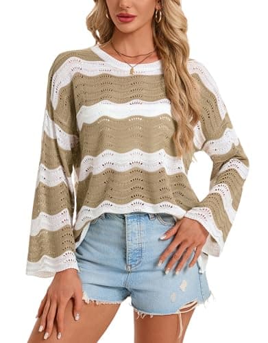 shermie Women's Long Bell Sleeve Scoop Neck Crochet Cover Up Loose Mesh Striped Top Beige - Image 1