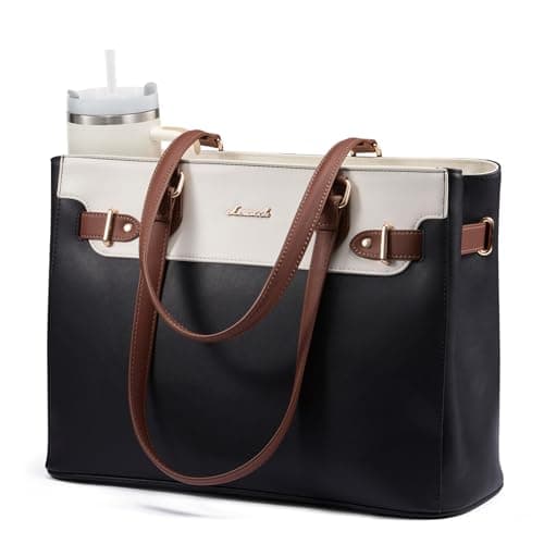 LOVEVOOK Laptop Tote Bag for Women Work, Teacher Tote Bag Nurse Bag with Large Cup Holder, 15.6 Inch Waterproof Leather Computer Bag Professional Business Office Briefcase, Black-beige-brown - Image 1
