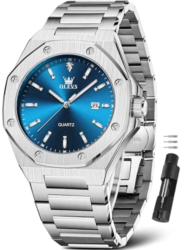OLEVS Blue and Silver Watches for Men Luxury Silver Watch Mens Dress Stainless Steel Waterproof Casual Large Blue Face Men's Wrist Watch with Day Cheap Fashion Relojes para Hombres Luminous - Image 1