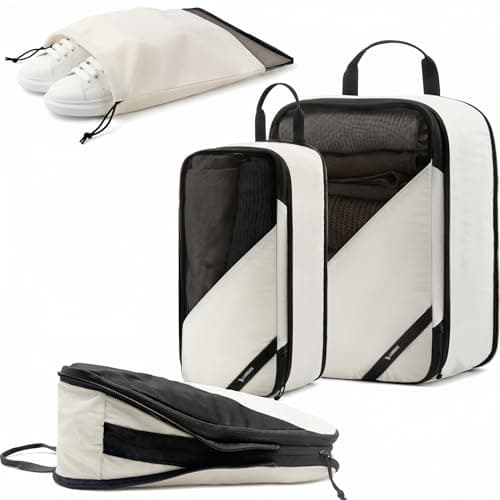 LUGGEX Compression Packing Cubes for Travel, 4 Set Lightweight Luggage Organizer Bags with Shoe Bag, Space Saving Suitcase Packing Cubes for Carry-On with Breathable Mesh, Double-Zipper (POX01, Beige) - Image 1