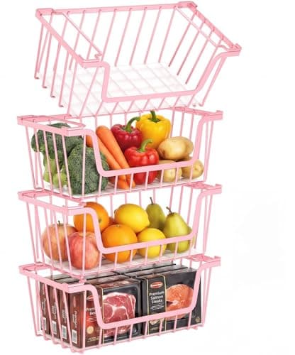 SUNALLY Stackable Storage Bins 4 Pcs Wire Baskets for Pantry Organizers and Storage, Vegetable Fruit Storage Basket for Countertop Organizer,Kitchen Baskets for Onion Potato Snack Cans Storage,Pink - Image 1