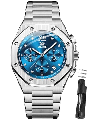 OLEVS Watches for Men Silver Stainless Steel Quartz Men's Wrist Watch Chronograph Blue Face Waterproof Watches for Men with Date Fashion Mens Watches Relojes para Hombres - Ideal Gift for Him - Image 1