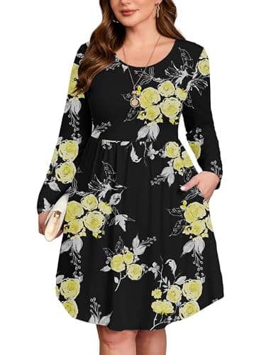 AusLook Women's Plus Size Long Sleeve Midi Dress Crewneck Casual Empire Waist Loose Flowy Dresses A-Line Boho Party 2025 Fall Winter Long Black Golden Floral 4X Dress with Pockets - Image 1