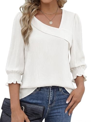 Funlingo Womens Tops Dressy Casual 3/4 Sleeve Asymmetric Square Neck Blouses Smocked Cuffed Dress Shirts Trendy Business Work Clothes White L - Image 1