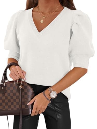 ATHMILE Women's Puff Short Sleeve Sweater Tops 2025 Spring Summer Trendy V Neck Casual T Shirts Blouses B-White - Image 1