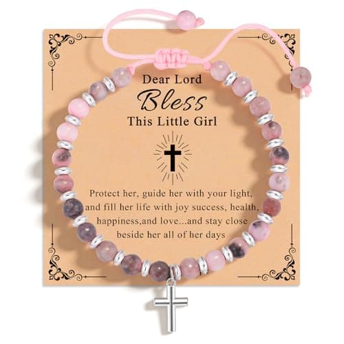 Easter Cross Bracelet for Women - Adjustable Beaded Bracelet with Pink Zebra Stone and 925 Sterling Silver Cross Charm, Easter Basket Stuffers Religious Jewelry Gifts with Greeting Card for Women - Image 1
