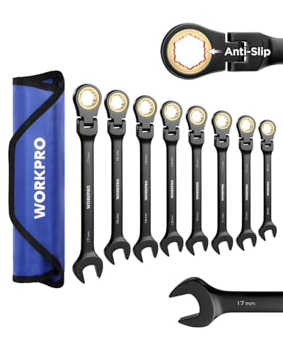 WORKPRO Ratcheting Combination Wrench Set, 8-piece Flex-Head Anti-Slip Set Metric 8-17 mm, 72-Teeth, Cr-V Constructed, Black Electrophoretic Coating with Rolling Pouch - Image 1