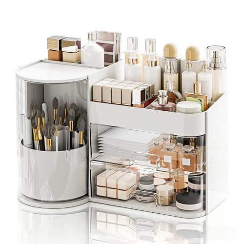 TIMBERHIDE Makeup Organizer,Rotating Cosmetic Storage Organizer with Drawers,Large Capacity Makeup Brush Holder,Skincare Vanity Organizer for Bathroom Countertop, White - Image 1