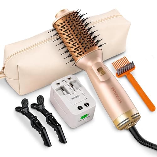 PRITECH Mini Auto Dual Voltage Hot Air Brush,Travel Hair Blow Dryer Brush,Ionic 4-in-1 Volumizer Straightener Curler,Compact Lightweight Portable Hair Styler for Worldwide Travel (Champagne Gold) - Image 1