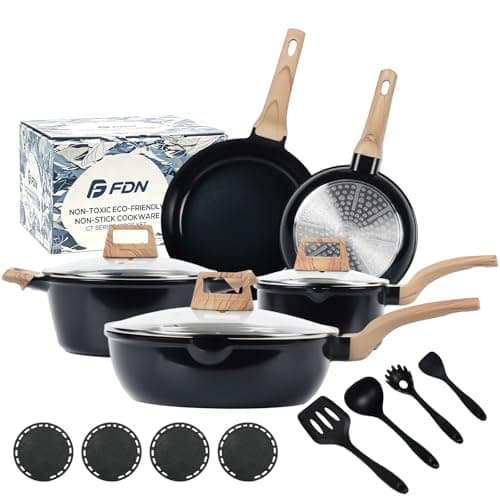FDN 16Pcs Titanium Pots and Pans Set, Toxic-Free Nonstick Cookware Set, Dishwasher & Oven Safe, Induction Compatible with Bakelite Wood Grain Handle, Compact and Durable