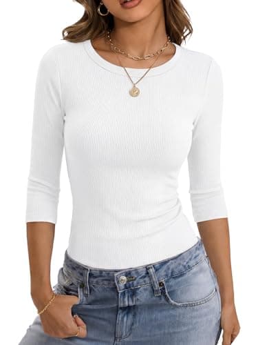 GKBK Womens 3/4 Sleeve Ribbed Tops Fitted Basic Tee Shirts Casual Crewneck Tight Layering 2025 Fall Fashion Outfits White - Image 1