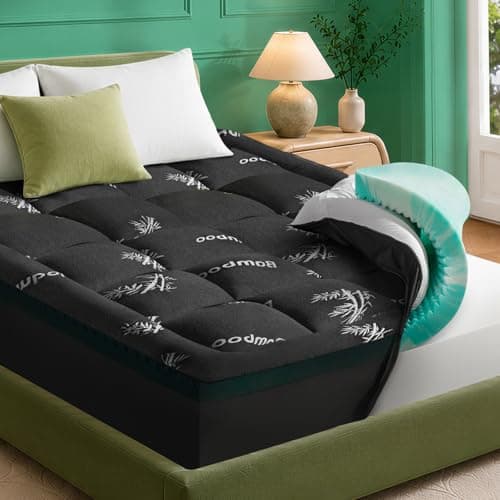 NicePlus Dual Layer 4 Inch Mattress Topper King Size Bed - 2" Gel Cooling Memory Foam and 2" Ultra Soft Pillow Top, Viscose Made from Bamboo Mattress Topper for Back Pain Relief - Black - Image 1
