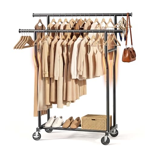 WATIOWL Clothes Rack, Double Rods Rolling Clothing Rack for Hanging Clothes Load 260 LBS Closet Rack with Wheels, Metal Portable Garment Rack for Bedroom Laundry Living Room, Black - Image 1