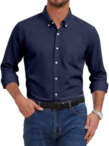 GIANZEN Navy Blue Shirts for Men Button Up Shirt Down Mens Dress Long Sleeve Men's Casual Clothes Cotton Oxford Slim Fit Navy Blue Size XXXXL - Image 1