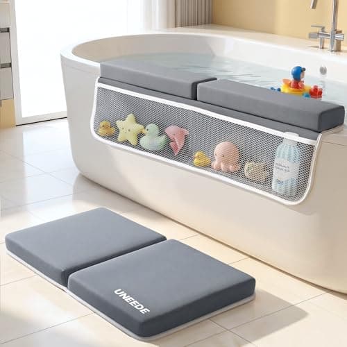 UNEEDE Baby Bath Kneeler and Elbow Rest Pad Set, 1.5” Thick Memory Foam Bath Kneeling Pad with Elbow Support, Bathtub Mat with Toy Organizer for Bathing Infant or Toddler, Grey - Image 1