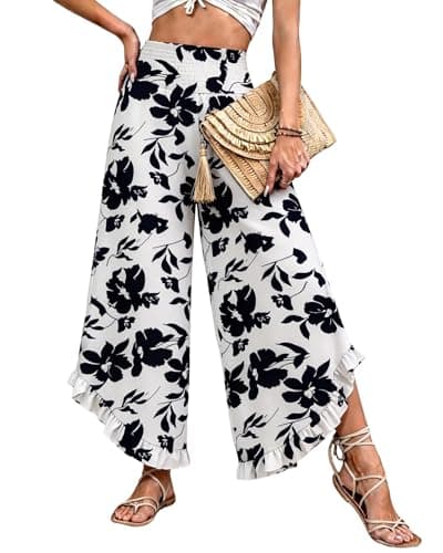 IEEILULU Wide Leg Pants for Women - Beach Pants for Women Flowy Floral Palazzo Pants High Waisted Pants Beach Vacation Outfits White Black Flower M - Image 1